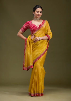 Mustard Printed Satin Saree
